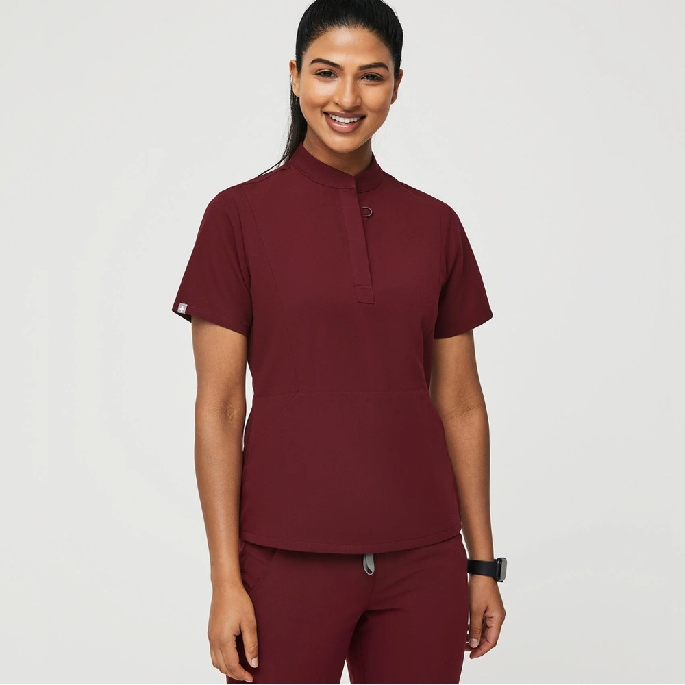 Burgundy Insiza - Slim Mandarin Collar Scrub Top FIGS
